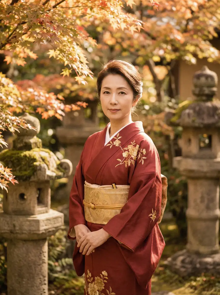 一位身穿暗红色和服的优雅 萝莉岛 | 萝莉岛官方平台-今日热点萝莉岛爆料专区 在日式庭院中